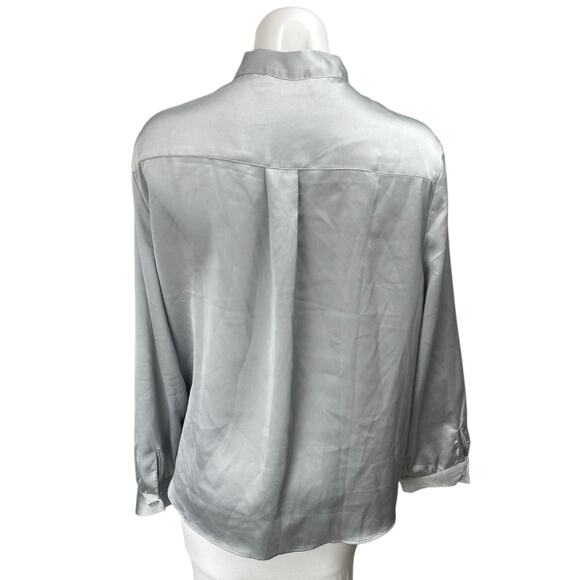 Adrianna Papell Silver Silk Satin Long Sleeve Bow Tie Neck Blouse Shirt Top Sz L - Picture 2 of 4